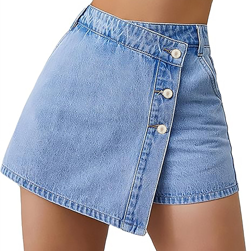 Jasminique Denim Shorts Rok – Hoge Taille & Asymmetrische Knoopsluiting