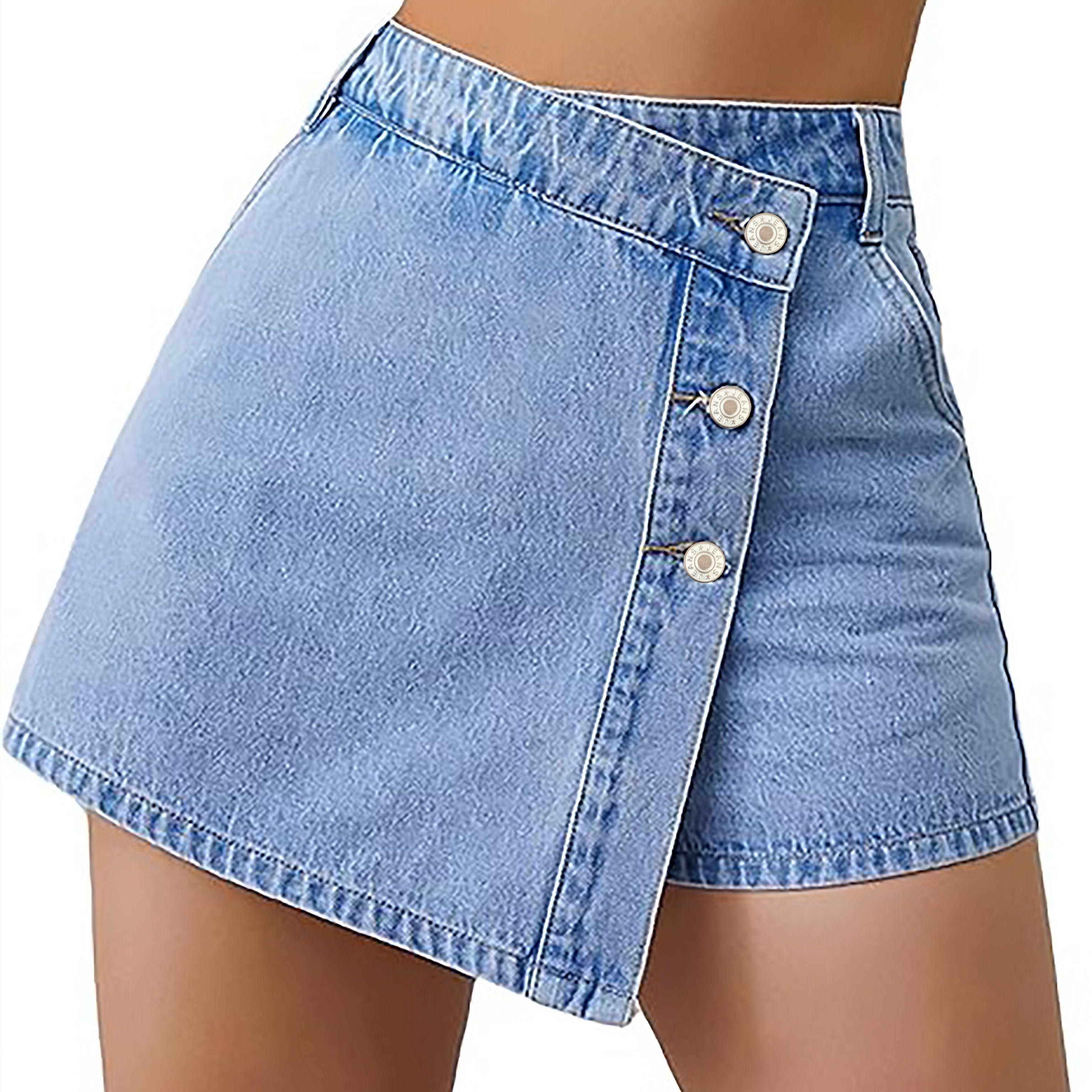 Jasminique Denim Shorts Rok – Hoge Taille & Asymmetrische Knoopsluiting
