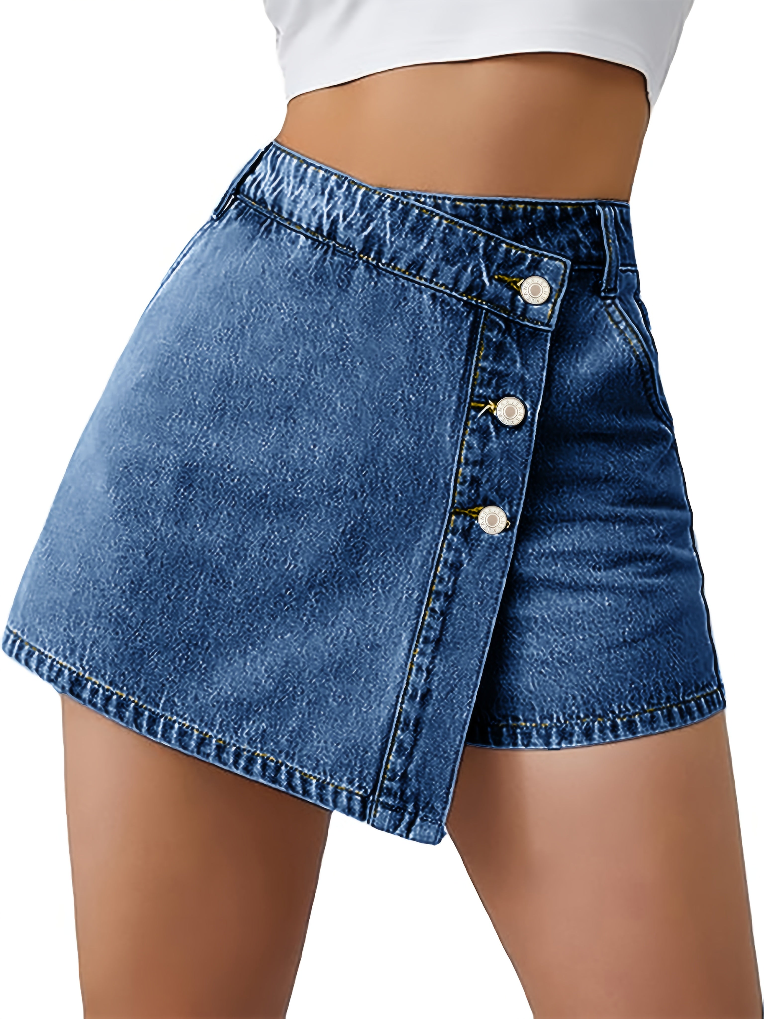 Jasminique Denim Shorts Rok – Hoge Taille & Asymmetrische Knoopsluiting