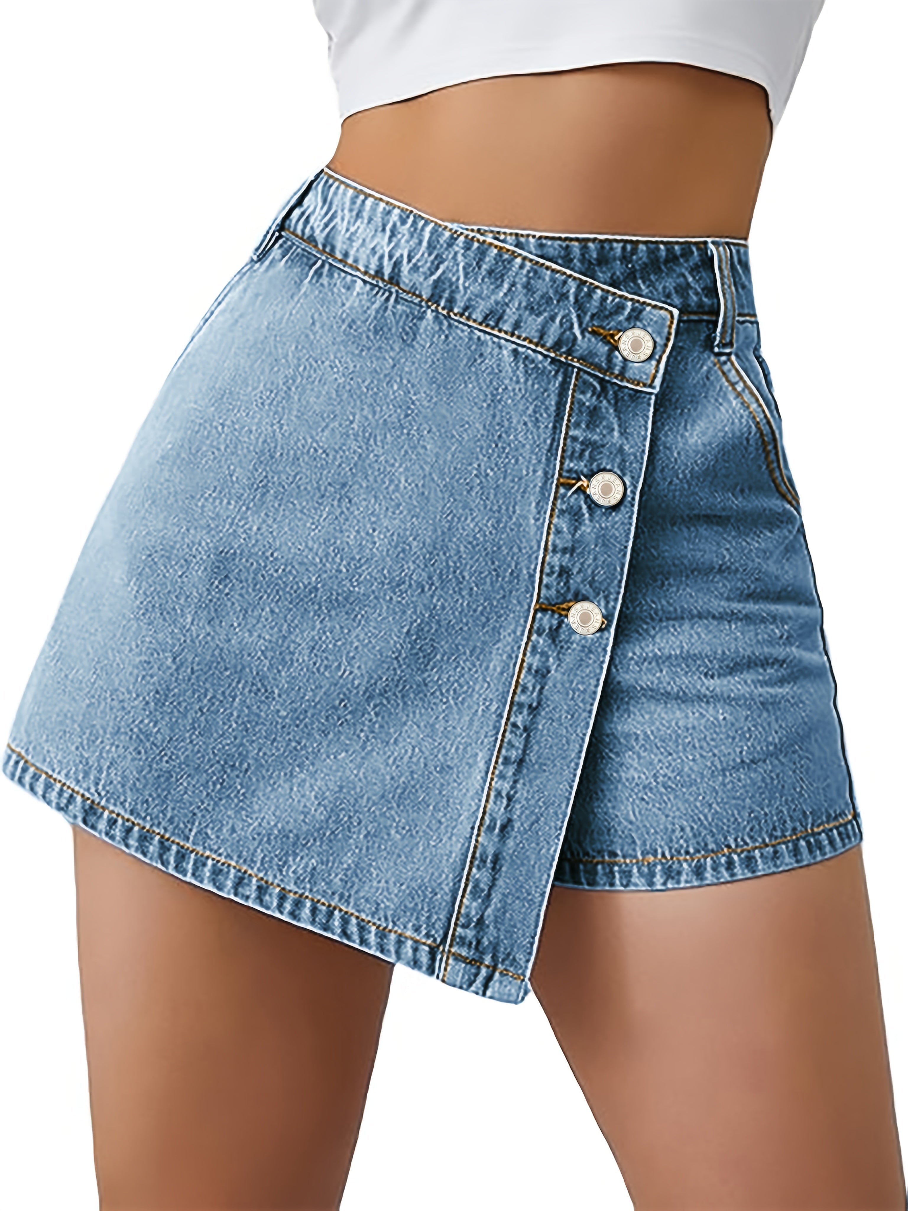 Jasminique Denim Shorts Rok – Hoge Taille & Asymmetrische Knoopsluiting