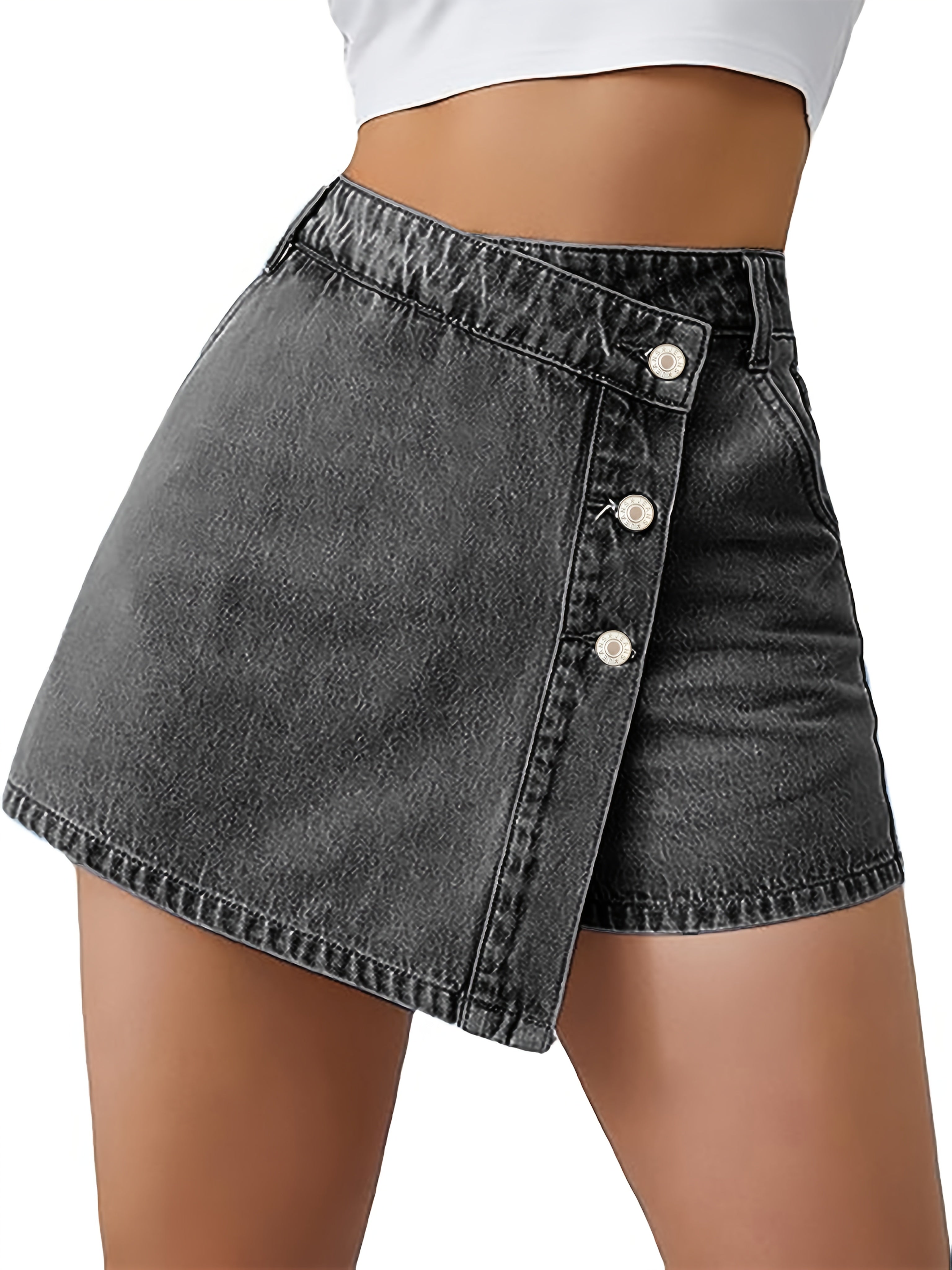 Jasminique Denim Shorts Rok – Hoge Taille & Asymmetrische Knoopsluiting
