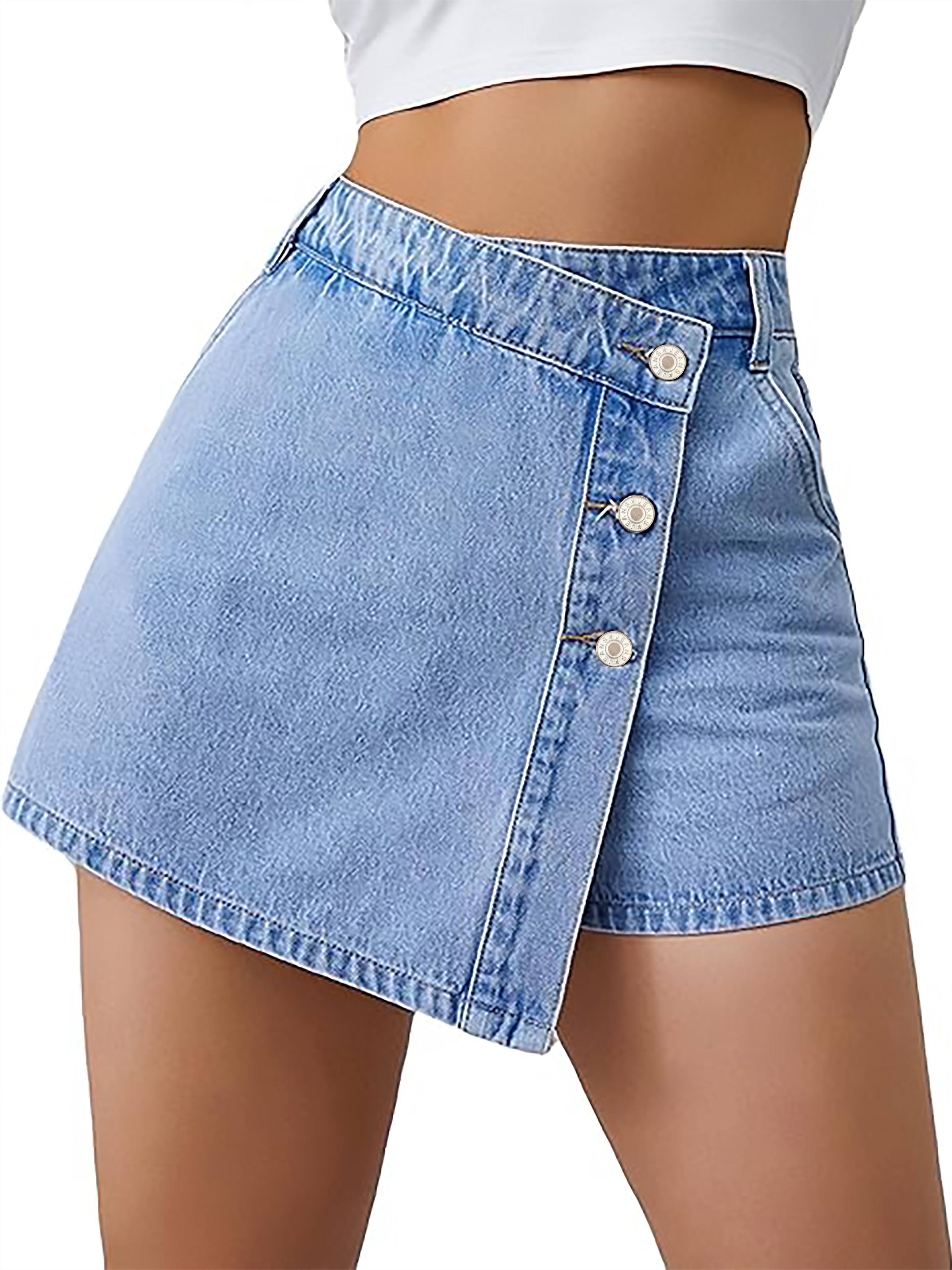 Jasminique Denim Shorts Rok – Hoge Taille & Asymmetrische Knoopsluiting